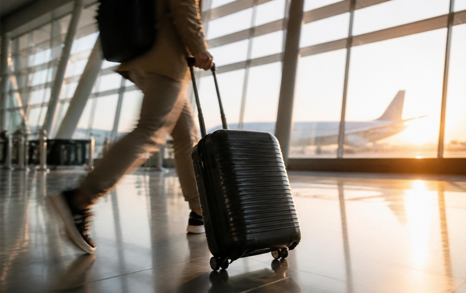 Traveler with a rolling carry-on walking through a sunlit airport concourse with an aircraft visible through the windows