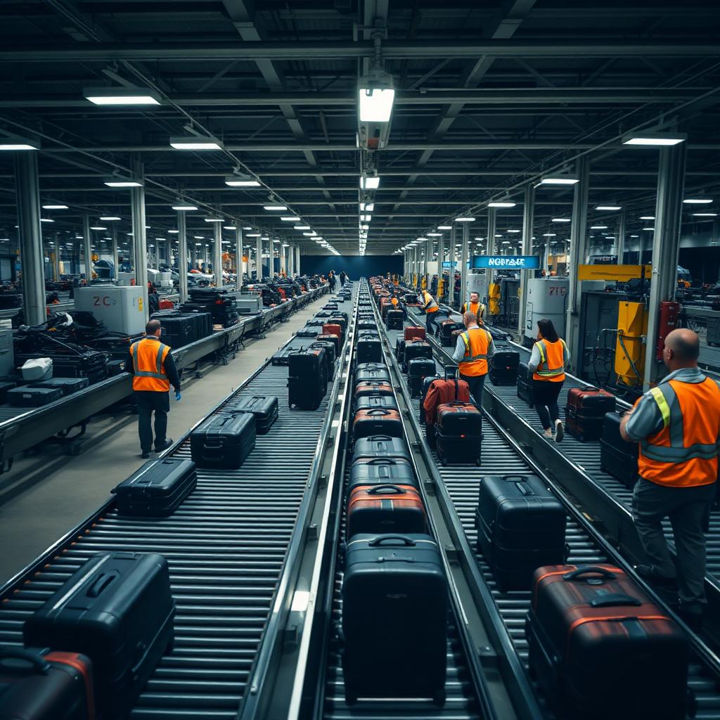 Airport baggage handling facility with suitcases on industrial conveyor belts and workers in high-visibility vests