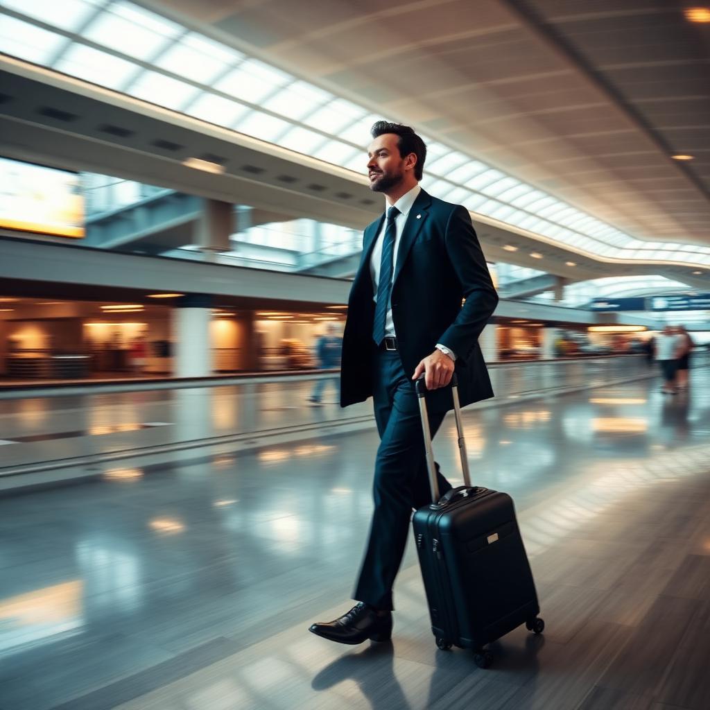 Business traveler in a suit walking through a modern airport terminal with a rolling carry-on, motion blur behind