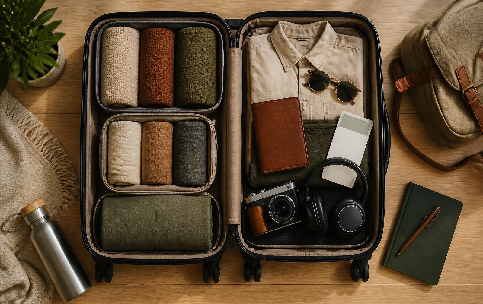 Neatly packed carry-on suitcase flat-lay with packing cubes, camera, headphones and passport