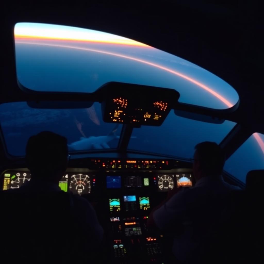 Modern airliner cockpit at cruise altitude with glass displays glowing and a sunset horizon out the windshield