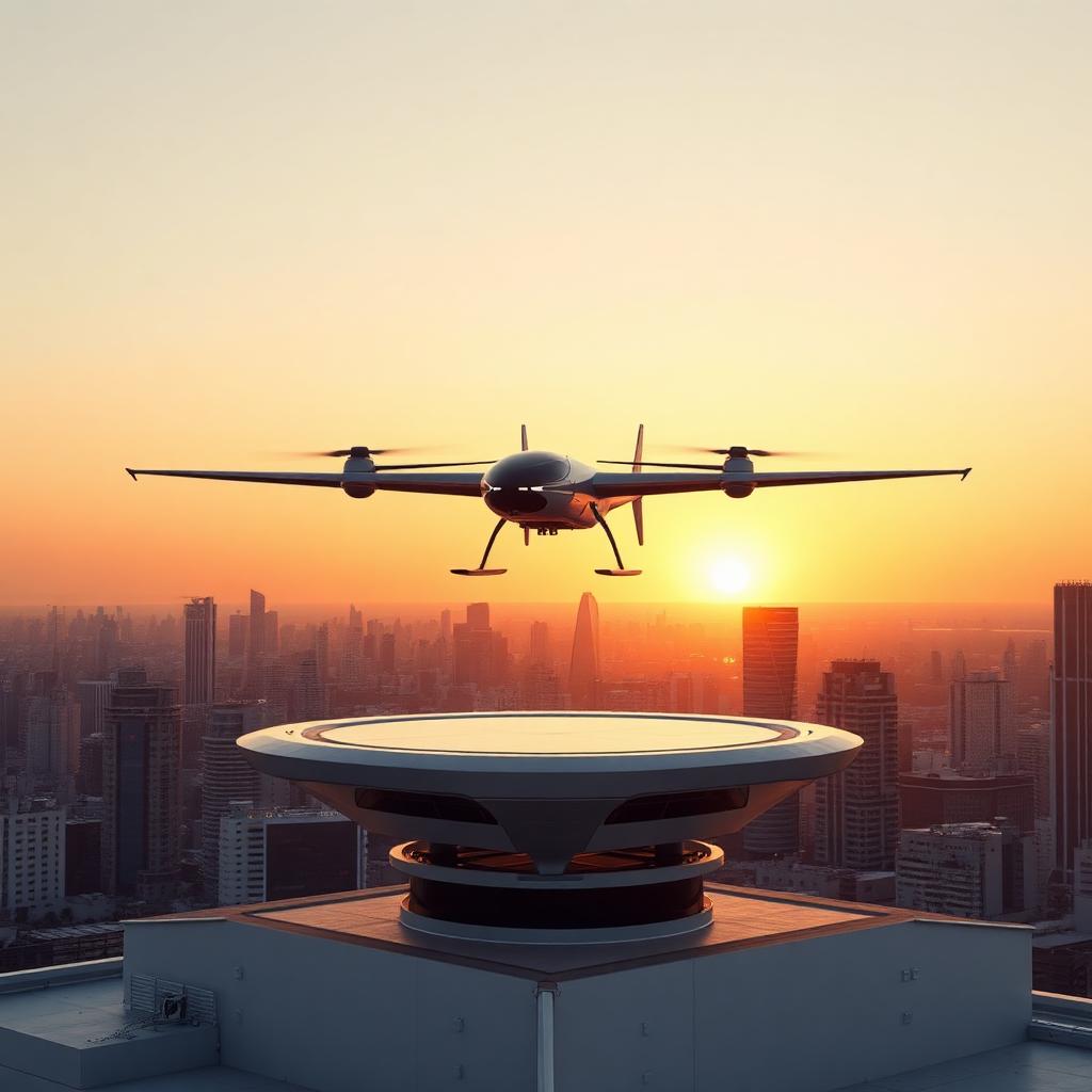 Sleek electric vertical takeoff aircraft hovering above a futuristic rooftop vertiport at golden hour