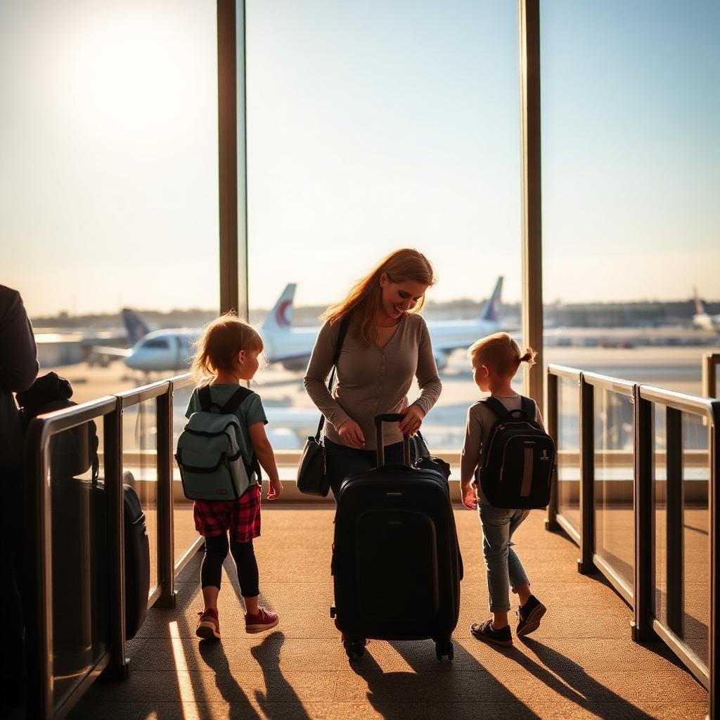 Family with two young children walking through an airport terminal at golden hour, aircraft visible outside