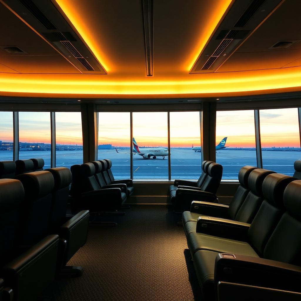 Airport lounge interior with leather seats and floor-to-ceiling windows overlooking the runway at dusk