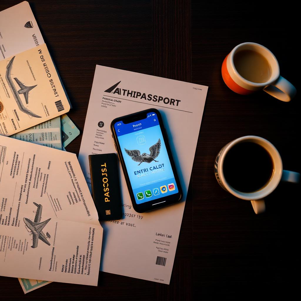 Overhead flatlay of a passport, boarding pass, credit card and phone with a loyalty app on a dark wood desk
