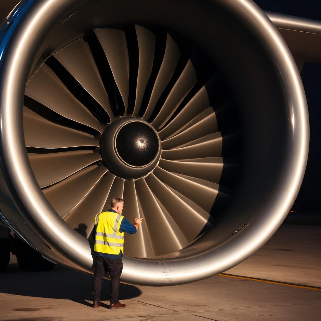 Massive jet engine turbine fan close-up with a mechanic in a reflective vest inspecting it on the tarmac