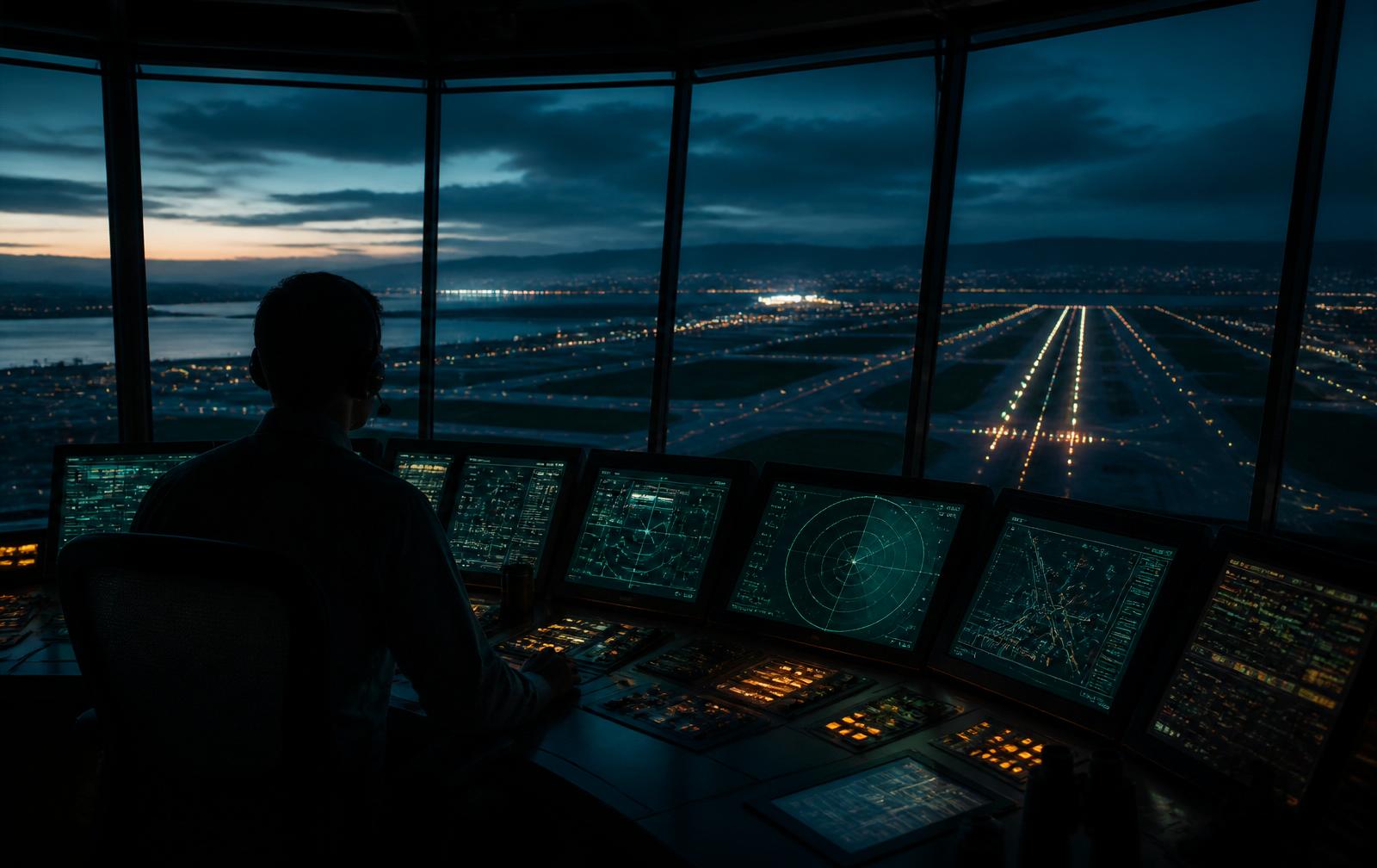 Air traffic controller silhouetted at a bank of glowing radar screens overlooking a runway at dusk