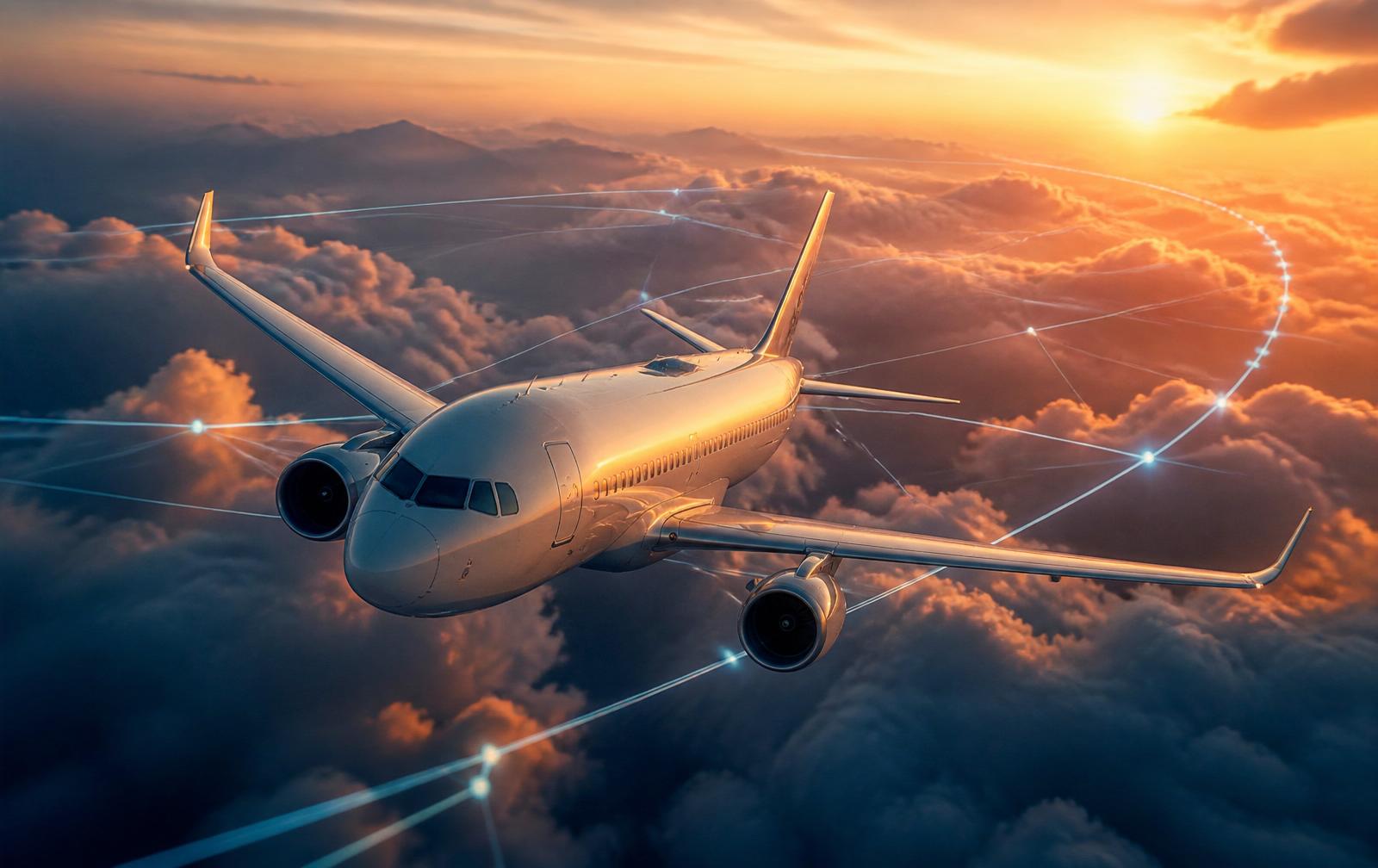 Commercial airliner above golden-hour clouds with luminous trajectory lines and waypoints tracing its path