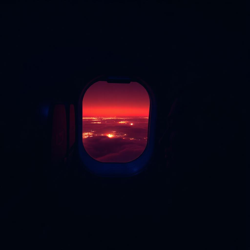 Airplane window at night with a red sunset horizon over distant city lights, dark cabin interior