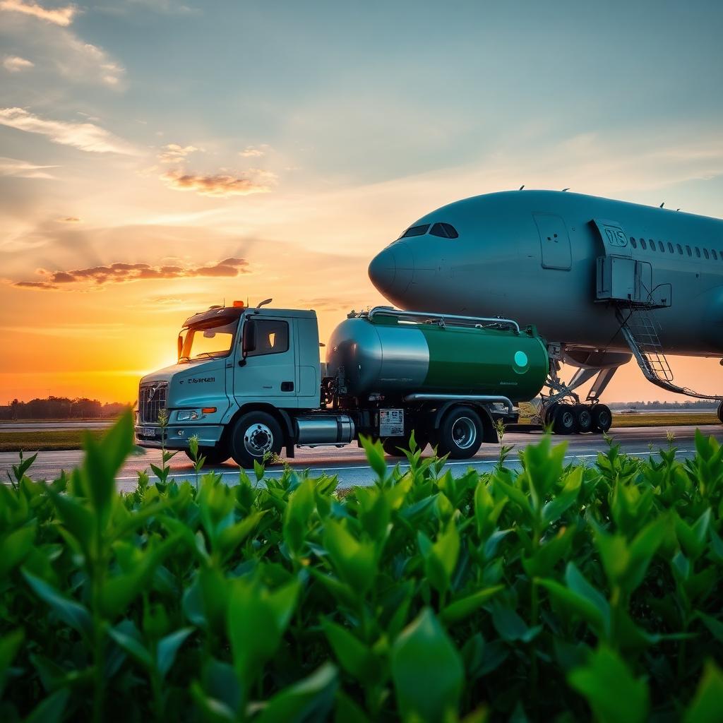 Sustainable aviation fuel tanker truck refueling an airliner at sunrise with green plants in the foreground